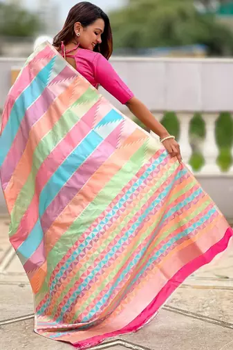 Multicolor elegant art silk woven saree with rich zari border