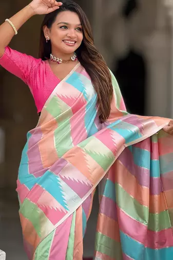 Multicolor elegant art silk woven saree with rich zari border
