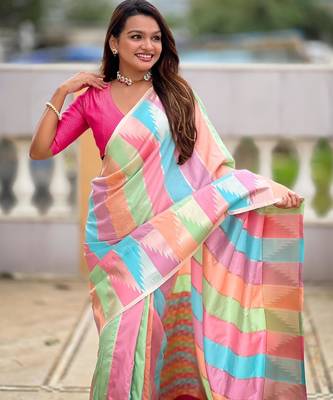 Multicolor elegant art silk woven saree with rich zari border 4