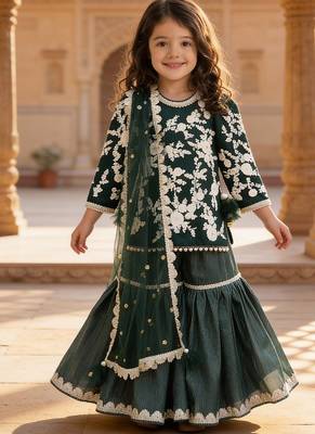Green embroidered glace cotton kurti sharara set 1