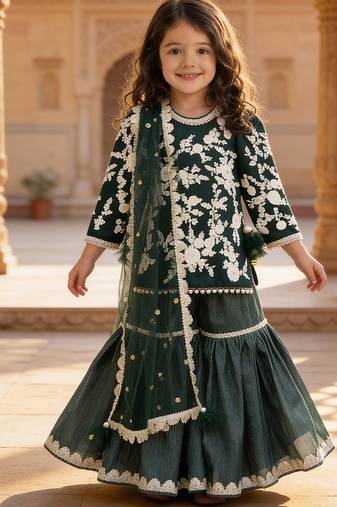Green embroidered glace cotton kurti sharara set