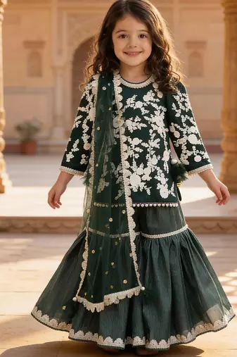 Green embroidered glace cotton kurti sharara set
