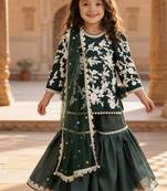 Green embroidered glace cotton kurti sharara set