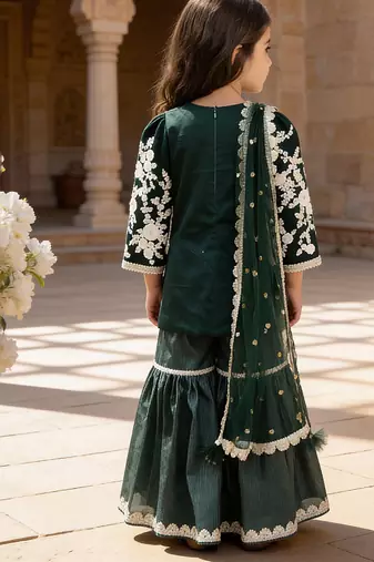 Green embroidered glace cotton kurti sharara set