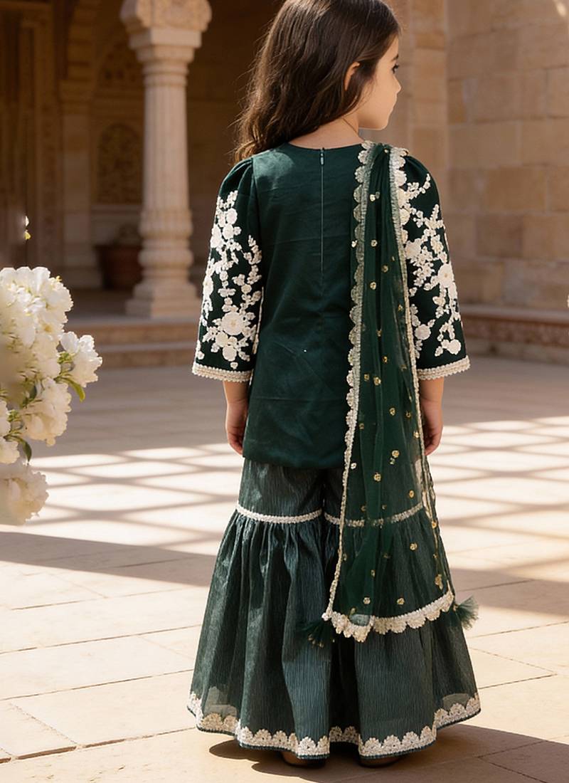 Green embroidered glace cotton kurti sharara set