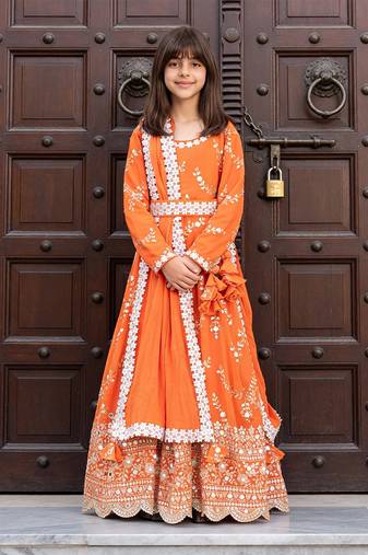 Orange embroidered georgette anarkali set