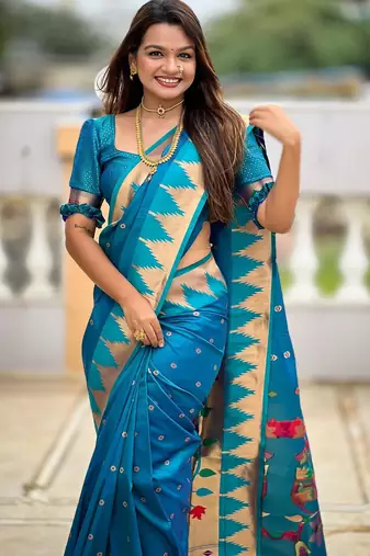 Turquoise elegant art silk woven saree with rich zari border