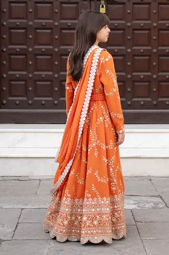 Orange embroidered georgette anarkali set