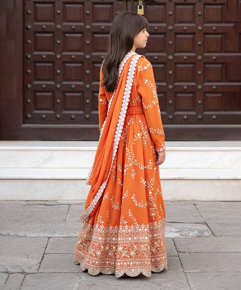 Orange embroidered georgette anarkali set