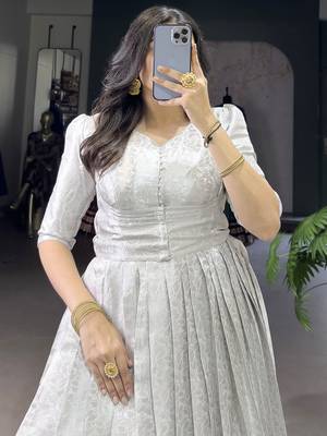 Awesome Off-White Zari Weaving Silk Festive Wear Gown With Koti 6