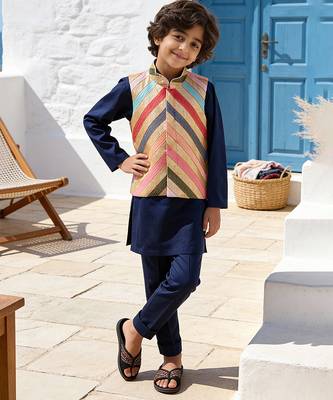 Navy blue embroidered glace cotton nehru jacket set 1