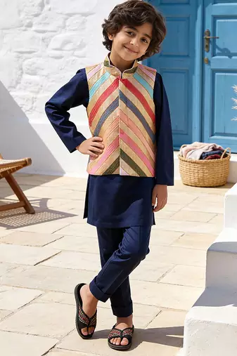 Navy blue embroidered glace cotton nehru jacket set
