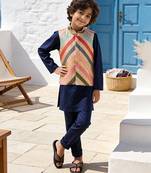 Navy blue embroidered glace cotton nehru jacket set