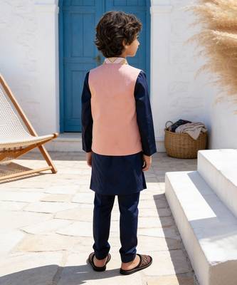 Navy blue embroidered glace cotton nehru jacket set 2
