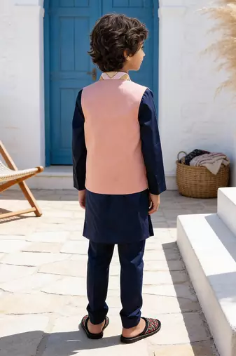 Navy blue embroidered glace cotton nehru jacket set
