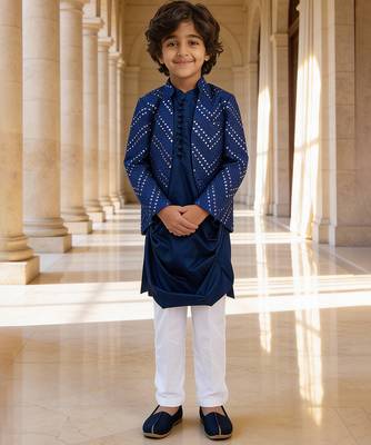 Royal blue embroidered glace cotton kurta jacket set 1
