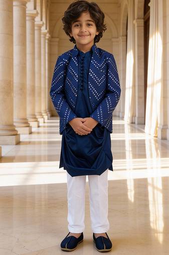 Royal blue embroidered glace cotton kurta jacket set