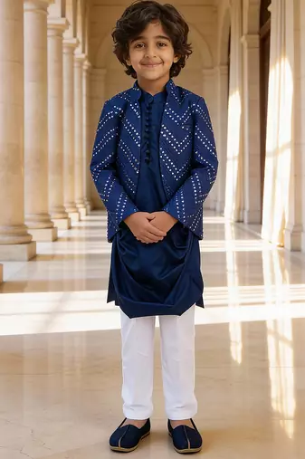 Royal blue embroidered glace cotton kurta jacket set