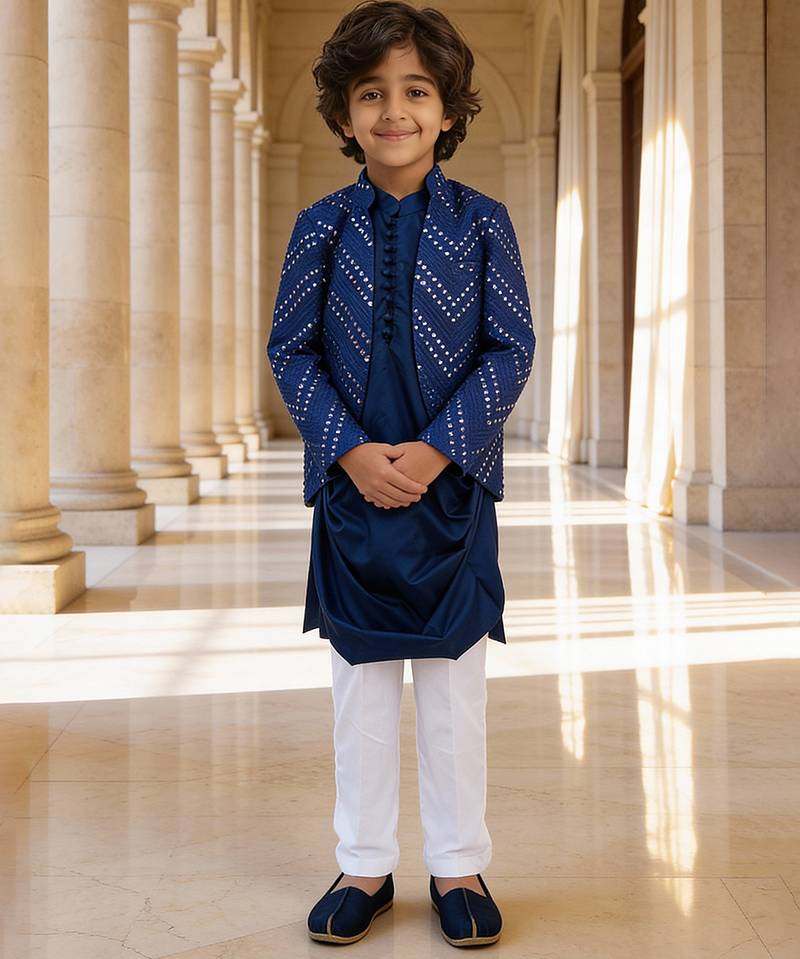 Royal blue embroidered glace cotton kurta jacket set