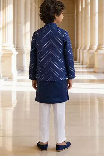 Royal blue embroidered glace cotton kurta jacket set