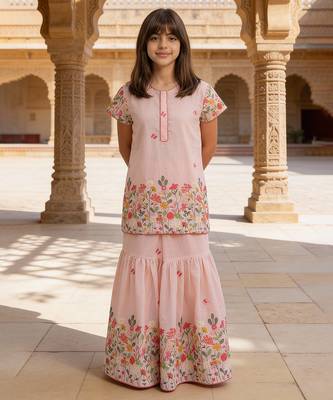 Pink embroidered cotton kurta sharara set 1