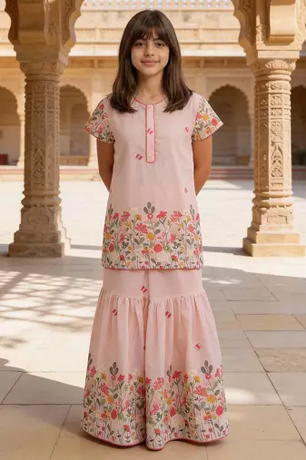 Pink embroidered cotton kurta sharara set