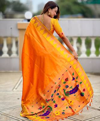 Orange elegant art silk woven saree with rich zari border 2