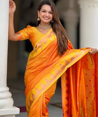 Orange elegant art silk woven saree with rich zari border 3