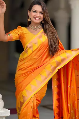 Orange elegant art silk woven saree with rich zari border