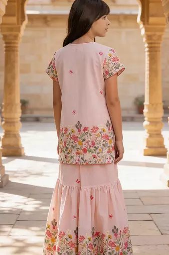 Pink embroidered cotton kurta sharara set