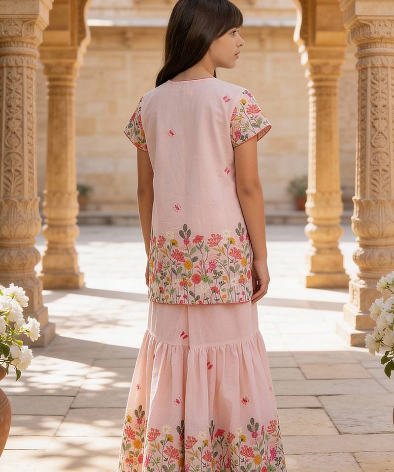Pink embroidered cotton kurta sharara set
