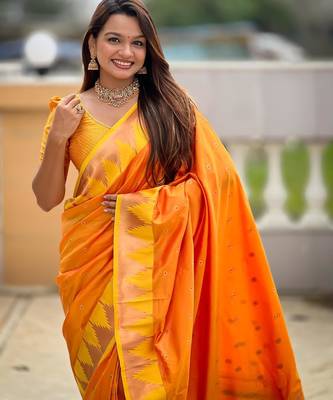 Orange elegant art silk woven saree with rich zari border 4