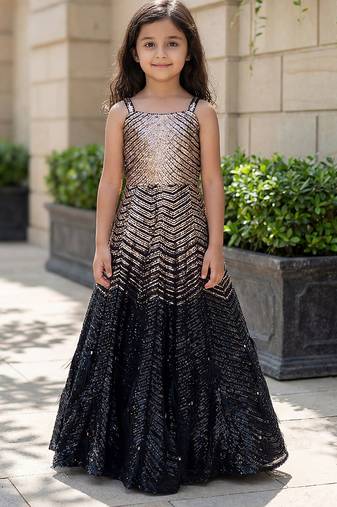 Black gold embroidered net gown