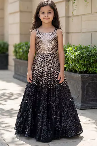 Black gold embroidered net gown