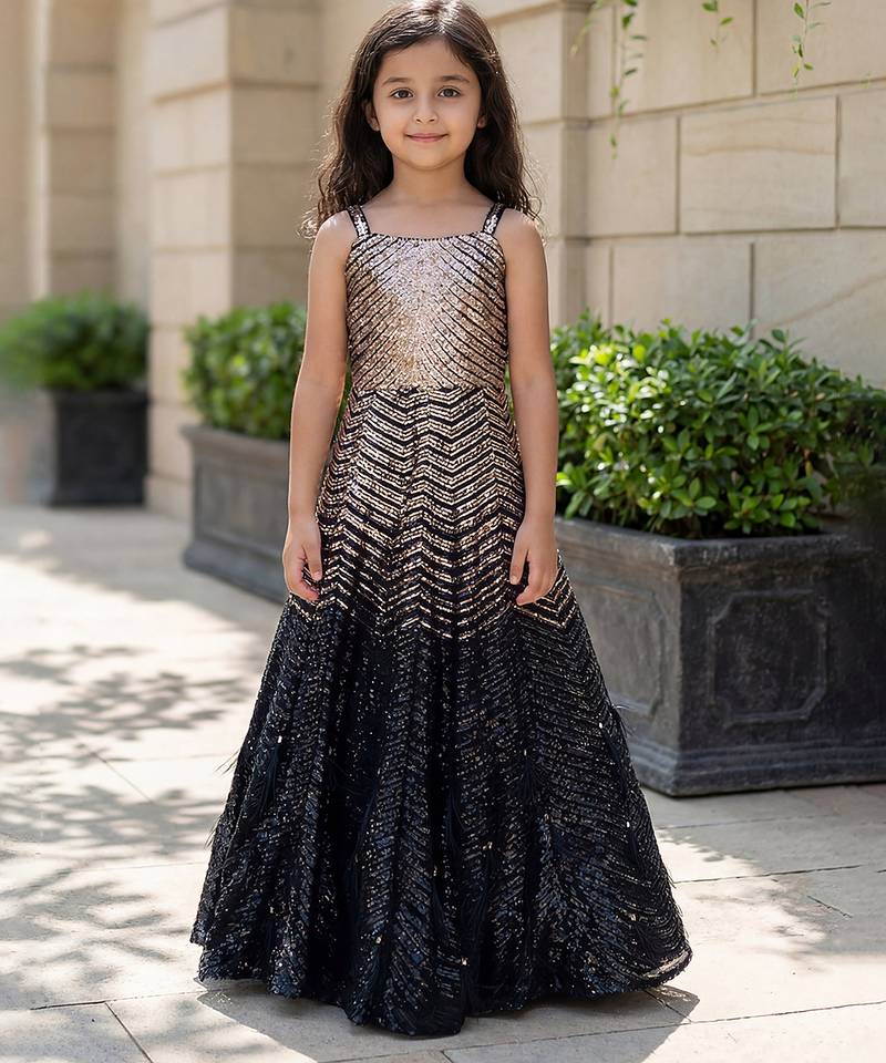 Black gold embroidered net gown
