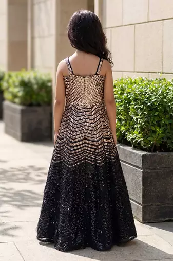 Black gold embroidered net gown
