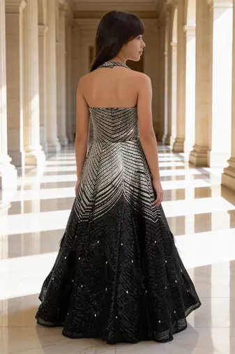 Silver black embroidered net gown