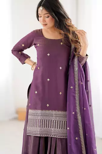 Bewitching Purple Zari Work Silk Designer Lehenga With Kurti