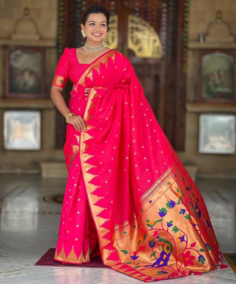 Pink elegant art silk woven saree with rich zari border