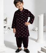 kids purple embroidered velvet kurta pajama set