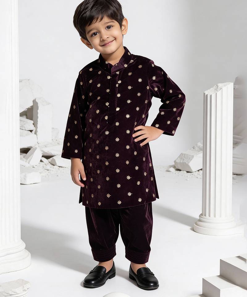 kids purple embroidered velvet kurta pajama set
