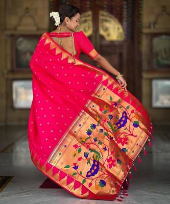 Pink elegant art silk woven saree with rich zari border 2