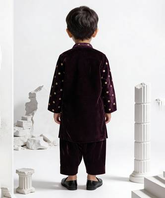 kids purple embroidered velvet kurta pajama set 2