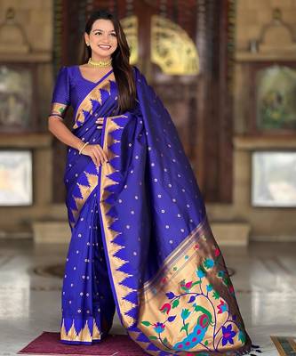 navy blue elegant art silk woven saree with rich zari border 1