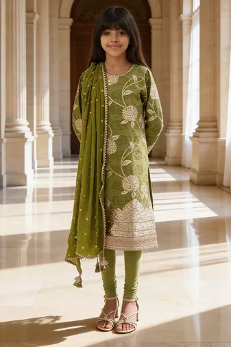Olive green embroidered brocade suit set