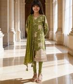 Olive green embroidered brocade suit set