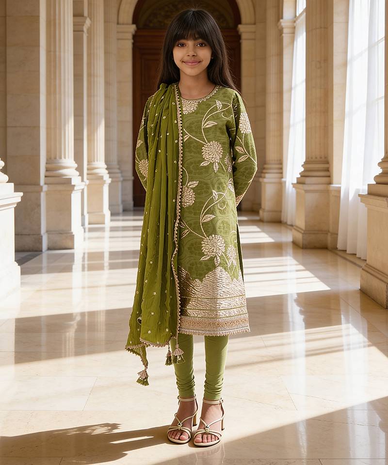 Olive green embroidered brocade suit set
