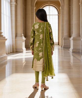 Olive green embroidered brocade suit set 2