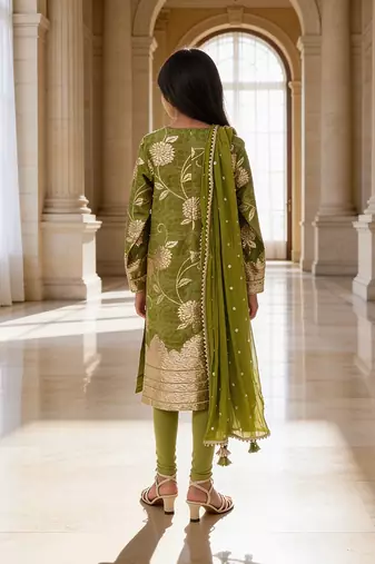 Olive green embroidered brocade suit set