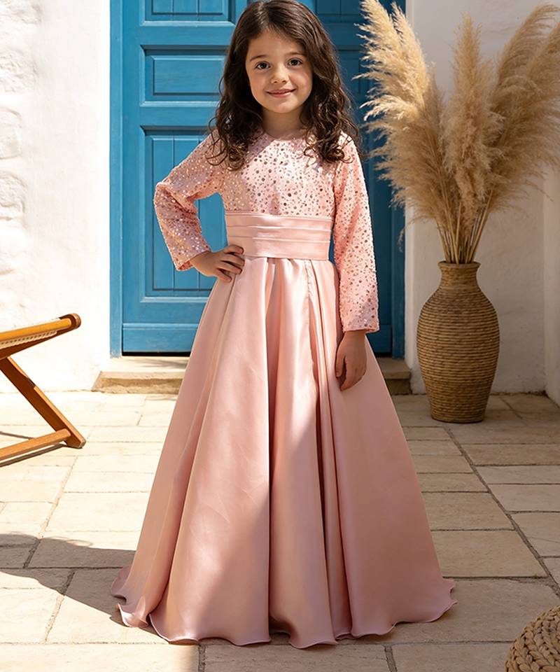 Pink embroidered satin gown